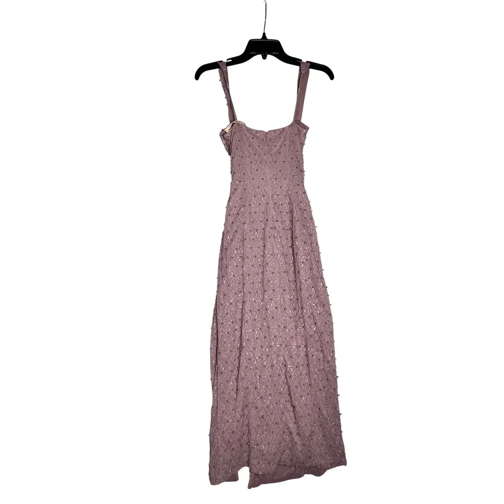 Oh Polly Mauve Beaded Sequin Midi Dress Square Neck Side Slit Purple US 4 NEW - Picture 4 of 9